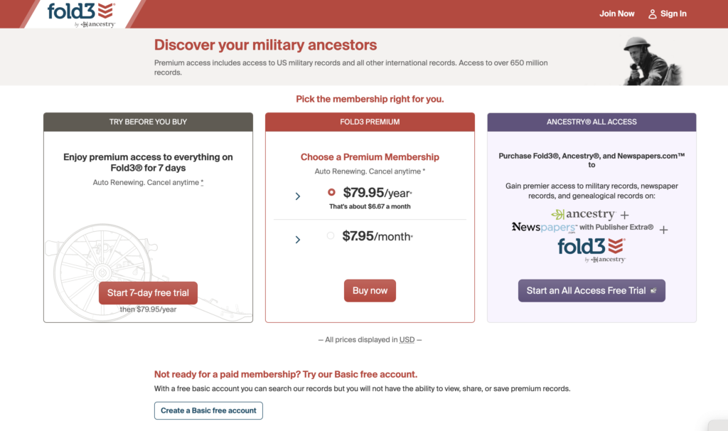 Screenshot of Fold3 by Ancestry membership options page, showing free trial, premium plans, bundled access, and sign-up buttons for discovering military ancestor records.