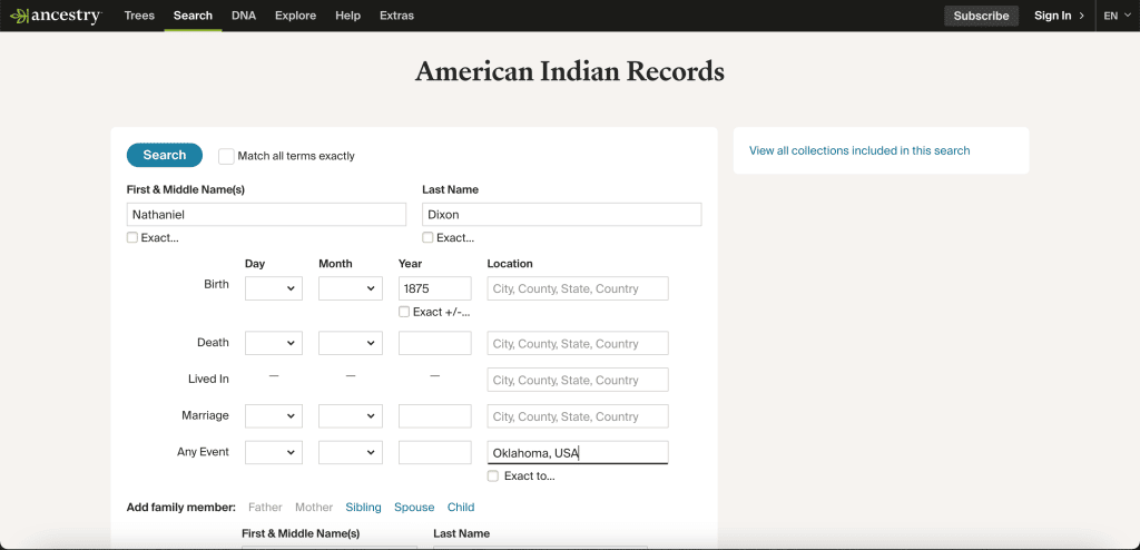 Screenshot of American Indian Records search page on Ancestry.com