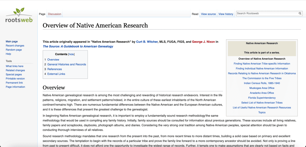 Screenshot of Overview of Native American Research wiki page on Rootsweb.