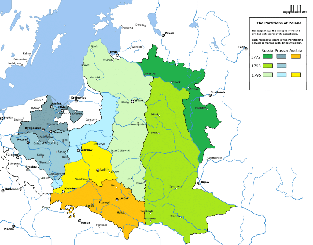 Map showing the partitions of Poland in 1772, 1793, and 1795, with territories divided among Russia, Prussia, and Austria, each marked by different colors.