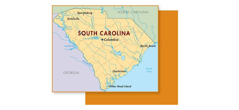 Map of South Carolina highlighting major cities such as Columbia, Charleston, Greenville, Myrtle Beach, and Hilton Head Island. The state borders Georgia and North Carolina.