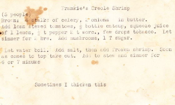 Grandma's Recipe for Creole Shrimp from a vintage recipe card | Tasty Family Recipes from FamilyTreeMagazine.com