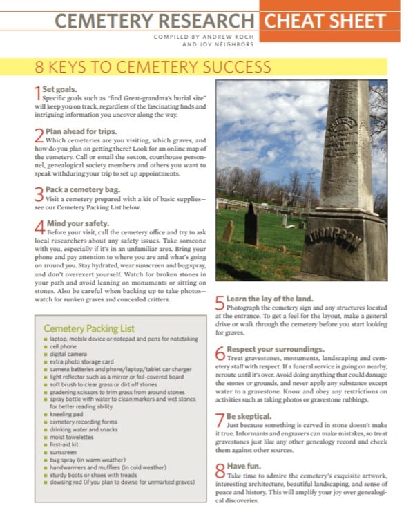 Cemetery Research Cheat Sheet