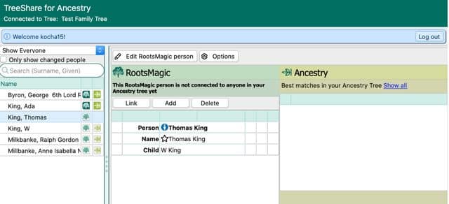 Screenshot comparing genealogical details in RootsMagic and Ancestry trees. A person is included in RootsMagic but not Ancestry, and the program presents three buttons to rectify: Link, Add or Delete
