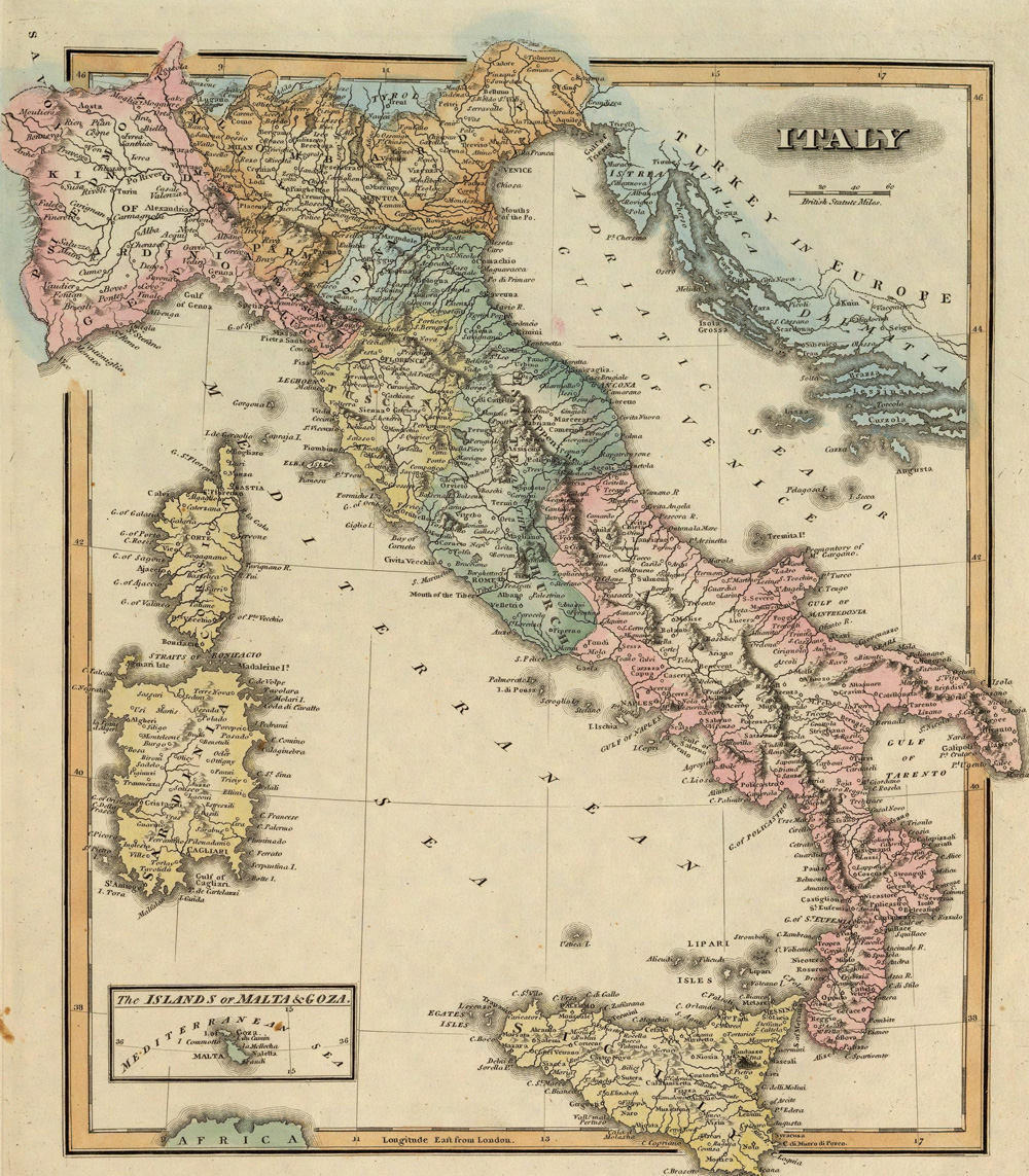 Your Italian ancestors may have identified with a city-state rather than a country, and this historical map Italy from 1823 shows you some of the most important.