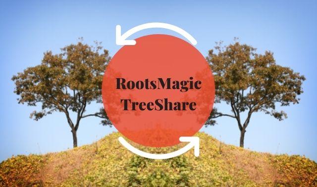 Two trees on a hill with RootsMagic TreeShare on red circle surrounded by arrows