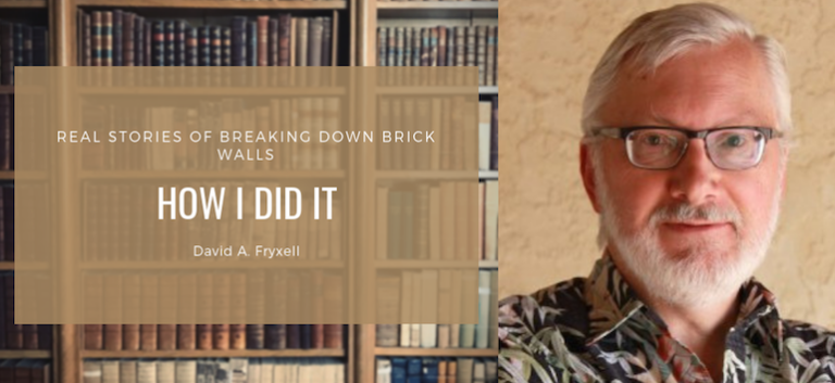 A man with glasses and a beard stands in front of a wall with a bookshelf, accompanied by text: "Real Stories of Breaking Down Brick Walls: How I Did It" by David A. Fryxell.