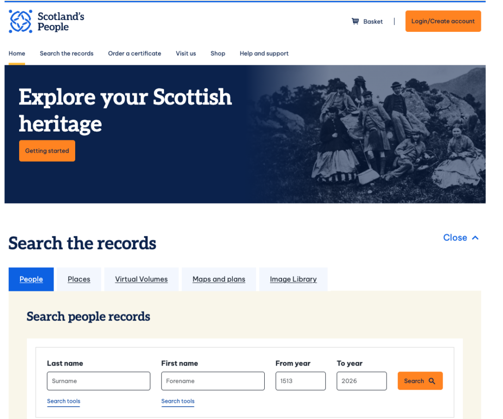 Screenshot of Scotland’s People website showing a banner with people in historic clothing, search options, and a form to search records by surname, forename, and years from 1513 to 2026—a valuable visual aid for anyone using a scotlandspeople guide to navigate Scottish historical records.