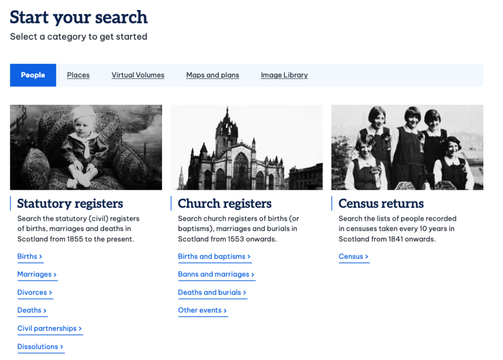 A webpage displays search categories for Scottish records—statutory registers, church registers, and census returns—each with a black and white photo and relevant blue links beneath, providing a helpful ScotlandsPeople guide for users exploring their heritage.