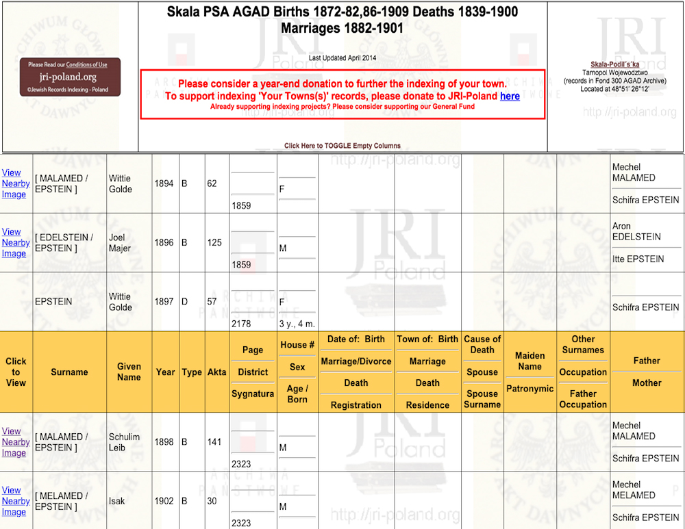 From the JRI-Poland database, you can view Ashkenazi Jewish genealogy records for your ancestor's town.