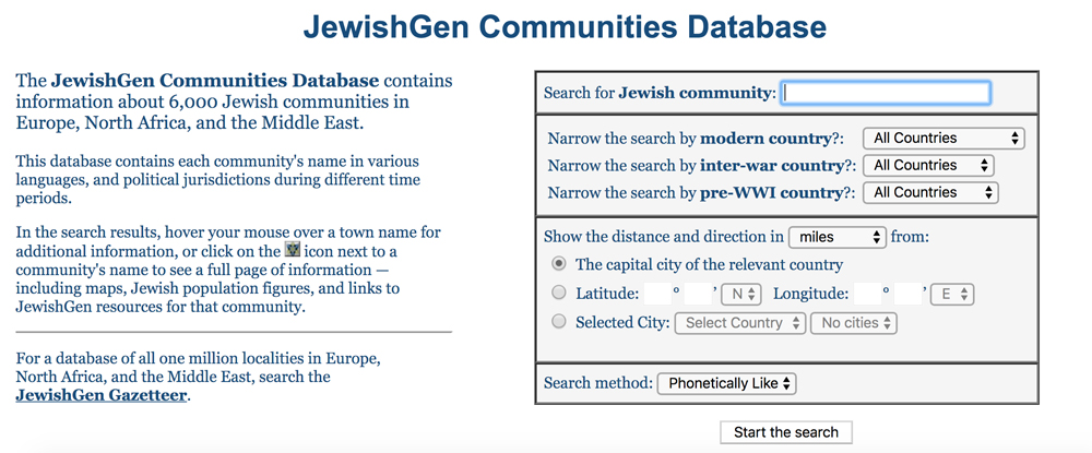 JewishGen's Communities Database or Town Finder feature, you can search for your ancestor's town and narrow your results within modern or historical country boundaries.