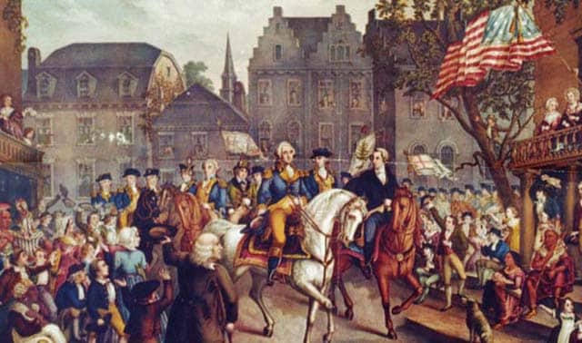 Historical painting depicting a triumphant parade with figures in colonial attire, highlighted by riders on horseback, surrounded by a cheering crowd with buildings and an American flag in the background.