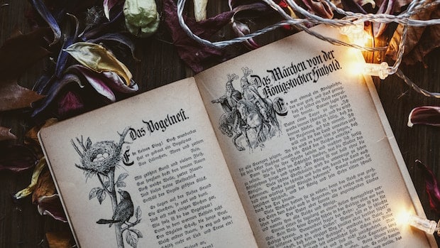 Open book, surrounded by lights and flowers, written in old German script.