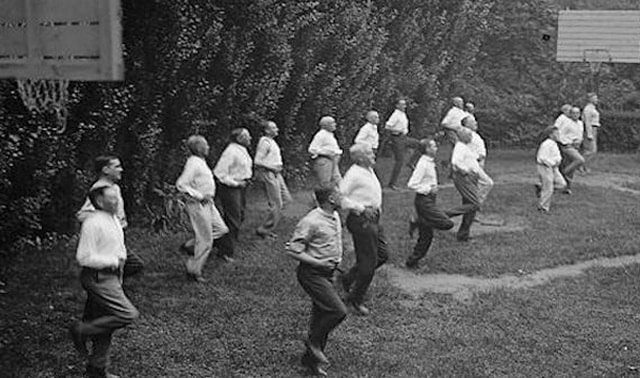 Historical photo of men exercising