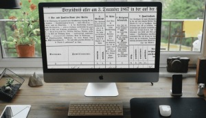 A computer screen displaying a scanned document in German from 1867. The setup includes a keyboard, mouse, clock, potted plants, and a background window overlooking greenery.