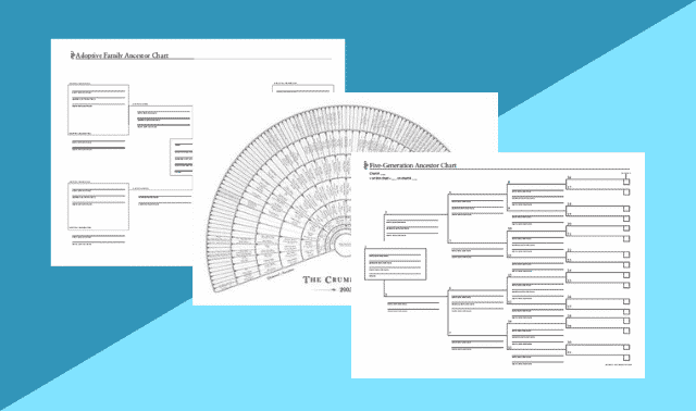 Three types of ancestor charts are displayed on a split blue background: a pedigree family ancestor chart, a fan ancestor chart, and a five-generation ancestor chart.