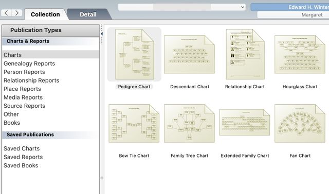Family Tree Maker screenshot showing report options, including pedigree charts, descendant charts, and fan charts. Each option has a thumbnail icon as a sample