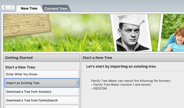 Family Tree Maker screenshot showing different options for starting a new tree. Import an Existing Tree is selected