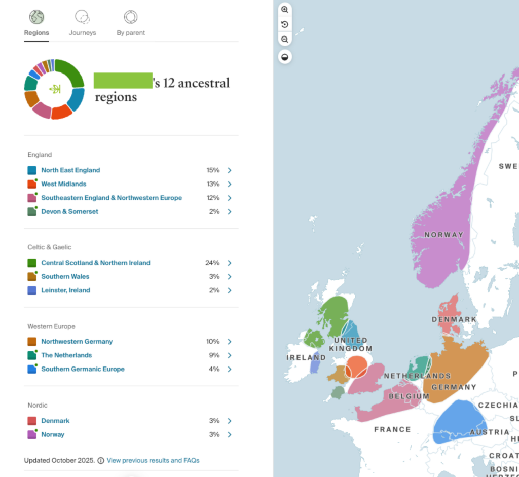 A map of Europe highlights various regions in different colors, with a chart showing ancestry percentages for 12 regions, including England, Ireland, Germany, Norway, and others.