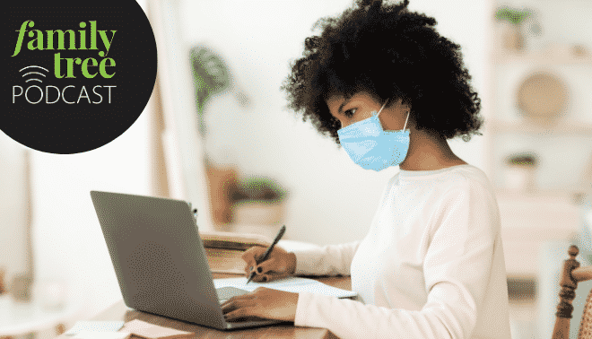 Woman doing genealogy research during the covid-19 pandemic.