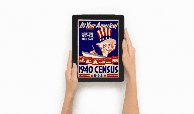 Person hold iPad, showing poster for 1940 census.