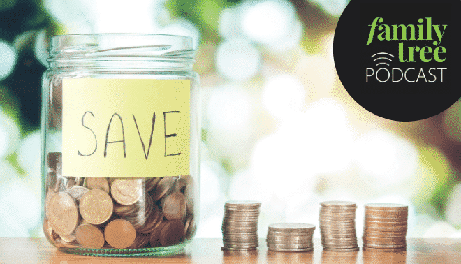 Glass jar with stacks of coins and the Family Tree Podcast logo.