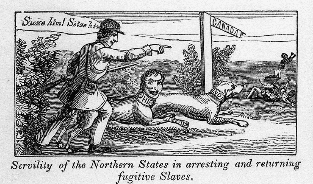 A man with a whip commands two dogs labeled "Ohio" and "Ind." to capture an escaping figure heading to Canada, illustrating the capture and return of fugitive slaves by Northern States.