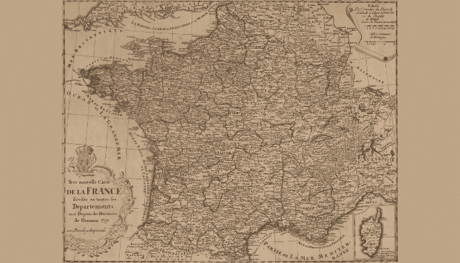 An antique map of France from the 17th century, detailing various regions and borders within the country. The text on the map is in French.