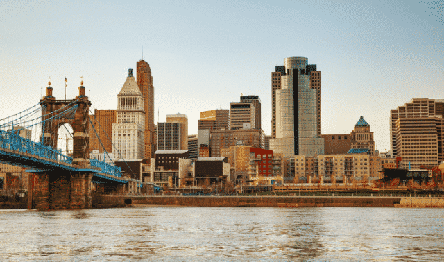 The image displays a city skyline viewed from across a river, featuring a mix of modern and historic buildings, with a prominent blue suspension bridge on the left.