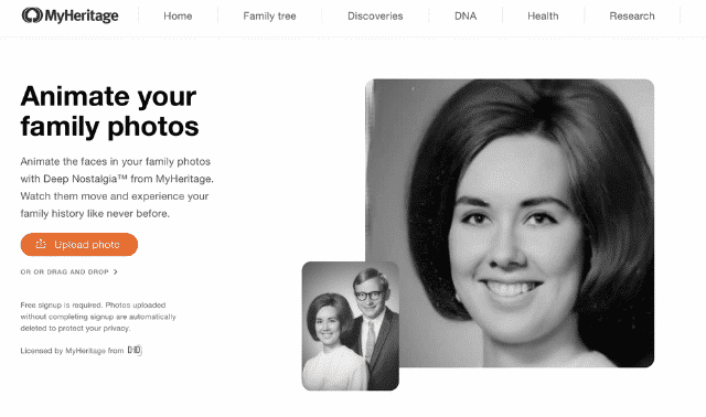 Screenshot of the landing page for MyHeritage's Deep Nostalgia photo animation feature
