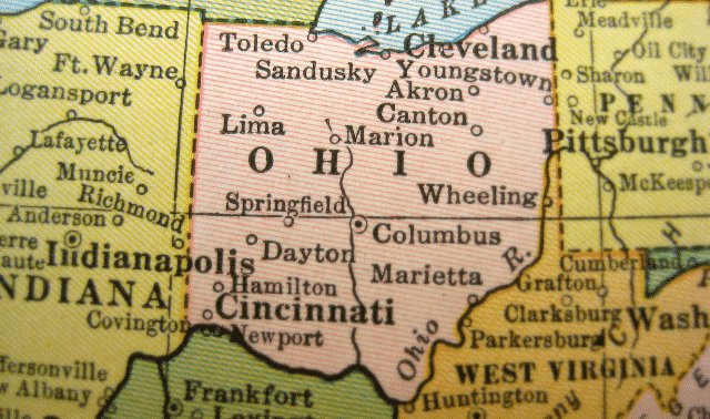 A vintage map depicting the state of Ohio and its surrounding areas, including labeled cities such as Cleveland, Columbus, Cincinnati, Akron, and Dayton.