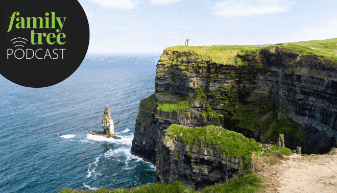 Irish landscape with the Family Tree Podcast logo