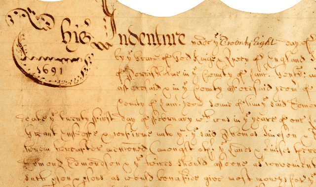 Early legal document for indentured services. British, hand-written on vellum and dated 1691