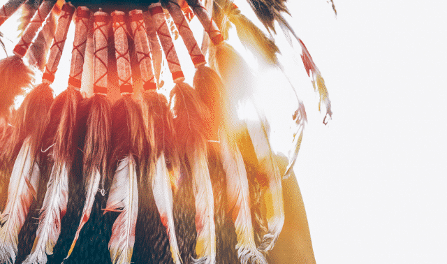 Close-up of a traditional feathered headdress with detailed beadwork and colorful feathers. .