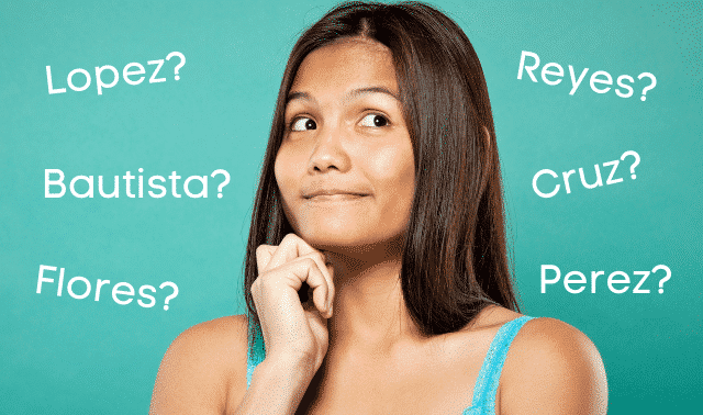 Filipino woman holding hand under chin and thinking surrounded by text of common Filipino surnames