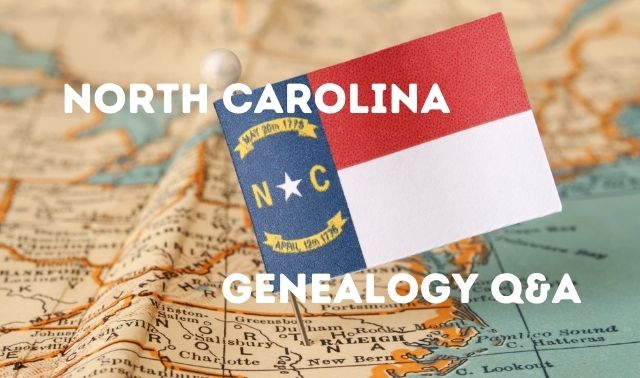 North Carolina stuck into map and North Carolina Genealogy Q&A text overlay