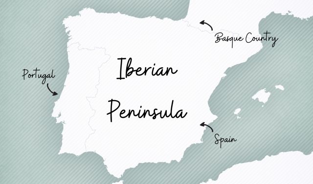 Map of Iberian peninsula, showing Portugal, Spain and Basque country for genealogists