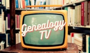Retro TV in front of bookcase with Genealogy TV text overlay