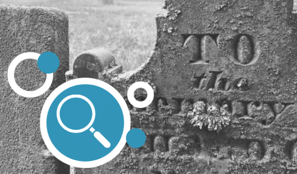 Tombstones with magnifying glass icon detail.