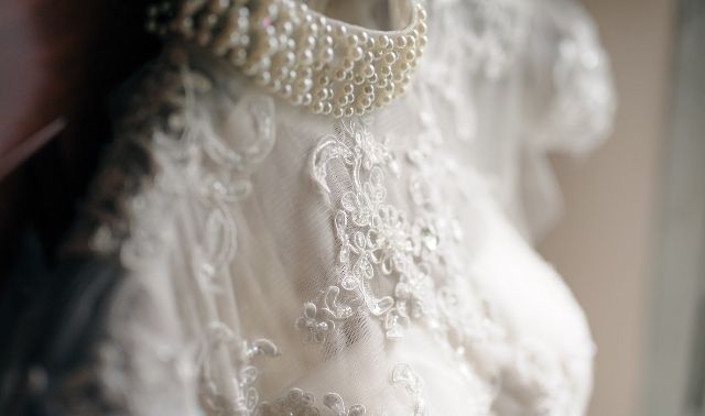 Close-up of beaded wedding dress