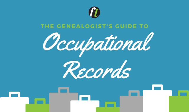 A Genealogist's Guide to Occupational Records, blue background with briefcase icons