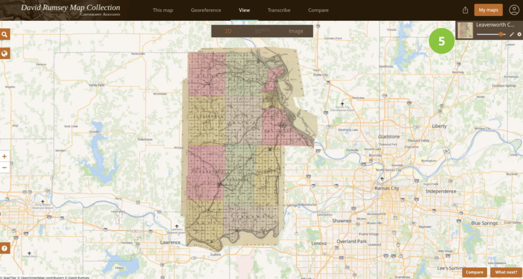 A historical map overlay of Leavenworth County, Kansas, is displayed on a modern digital map interface with navigation and comparison tools visible.