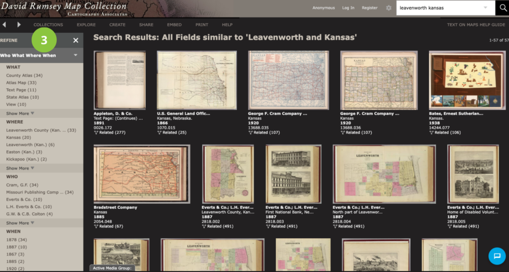 Screenshot of a digital map collection search results page showing historical maps related to Leavenworth and Kansas, with filters and map thumbnails displayed in a grid.