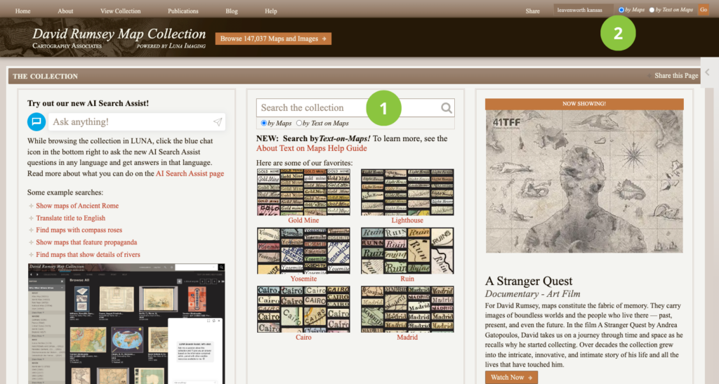 Screenshot of the David Rumsey Map Collection website, showing a search bar, AI search assist, navigation menu, and a featured documentary titled "A Stranger Quest.