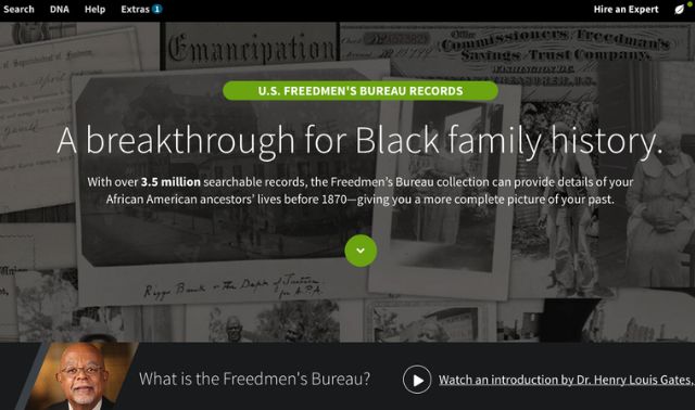 Freedmen's Bureau records home page at Ancestry. Text on the page explains how the collection includes 3.5 million searchable records