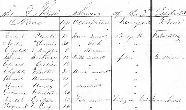 Handwritten table listing the Black resident of Accomack County, Virginia, including name, age, occupation, and name of person with whom the respondent is living