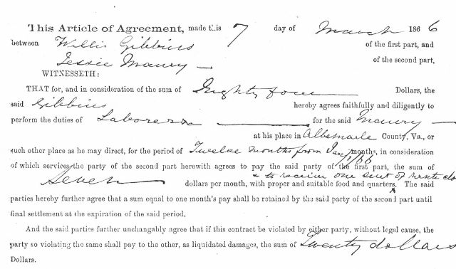 The original text of a labor contract between two men, signed in 1886. It stipulates the worker's payment, the length of the work agreement a brief summary of the work provided, and a location.