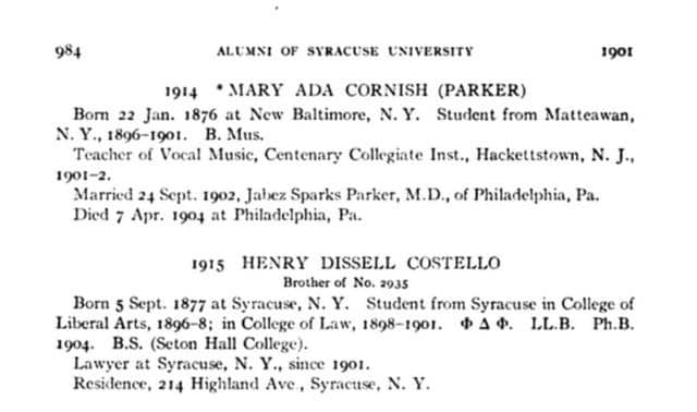 Two entries from an alumni directory, each naming the former student and biographical information about them: birthdate, birthplace, area of study, occupation and marriage information, residence, and (for one) death information