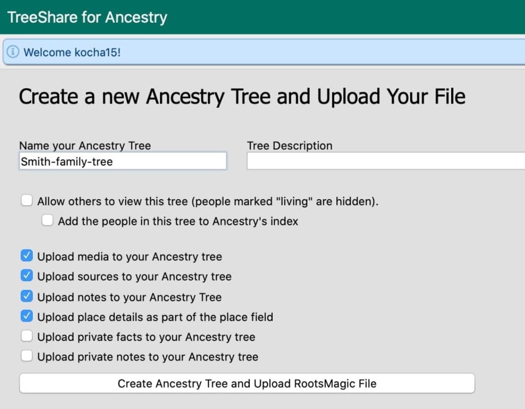 Screenshot of RootsMagic 8 window for creating a new Ancestry.com tree. Screen includes several checkboxes for indicating what data will be uploaded to Ancestry.com