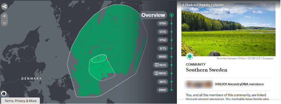 Screenshot of AncestryDNA ethnicity estimate, which shows a portion of Sweden highlighted in green to indicate ancestry in that area. At right is a detail screen about the region